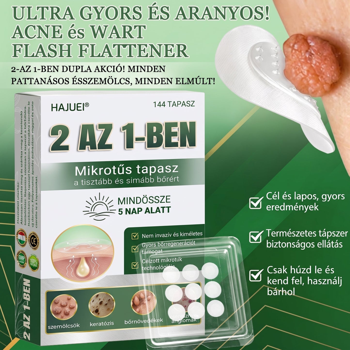 🇭🇺 HAJUEI® ☺️ 2-az-1-ben Mikrotű & Hidrokoloid Tapasz | 🧪 Kiemelkedő Anyajegyek, Pattanások, Lapos Szemölcsök & Bőrkinövések Eltávolítója | Ráncok, Hegek & Bőrhibák Javítása | Láthatatlan Csillag Pattanástapasz Arcra & Testre | 144 db ✨