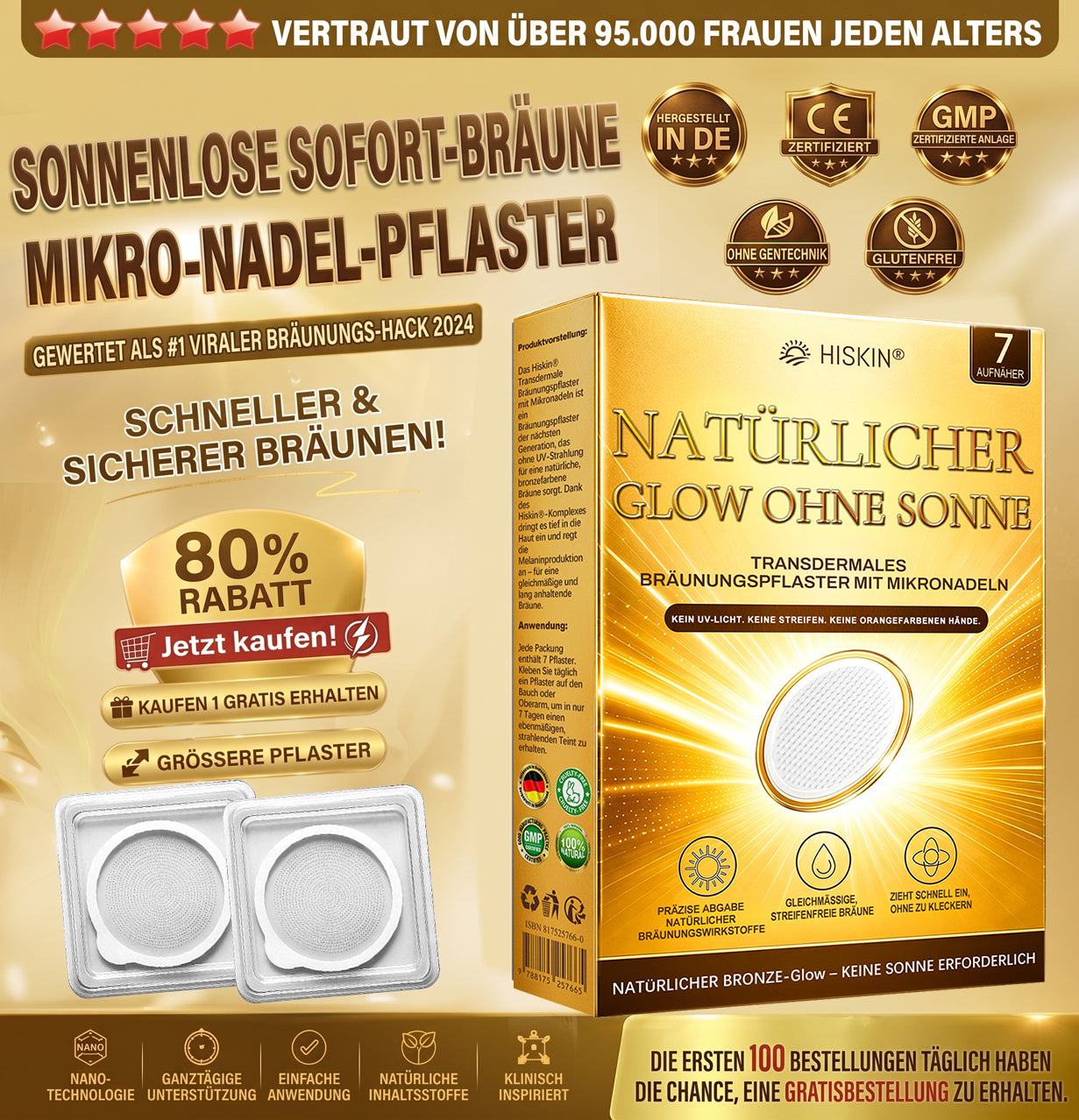 Offizieller Shop | ☀️☀️ Hiskin® Sunless Bronze Microneedle Patch 🇩🇪 Nur 1× täglich anwenden ✨ Sichtbar sonnengeküsster Teint in nur 7 Tagen ✅ Ohne UV-Strahlung · Ohne Orangestich · Ohne Streifen · DHA-frei · Einfach anzuwenden