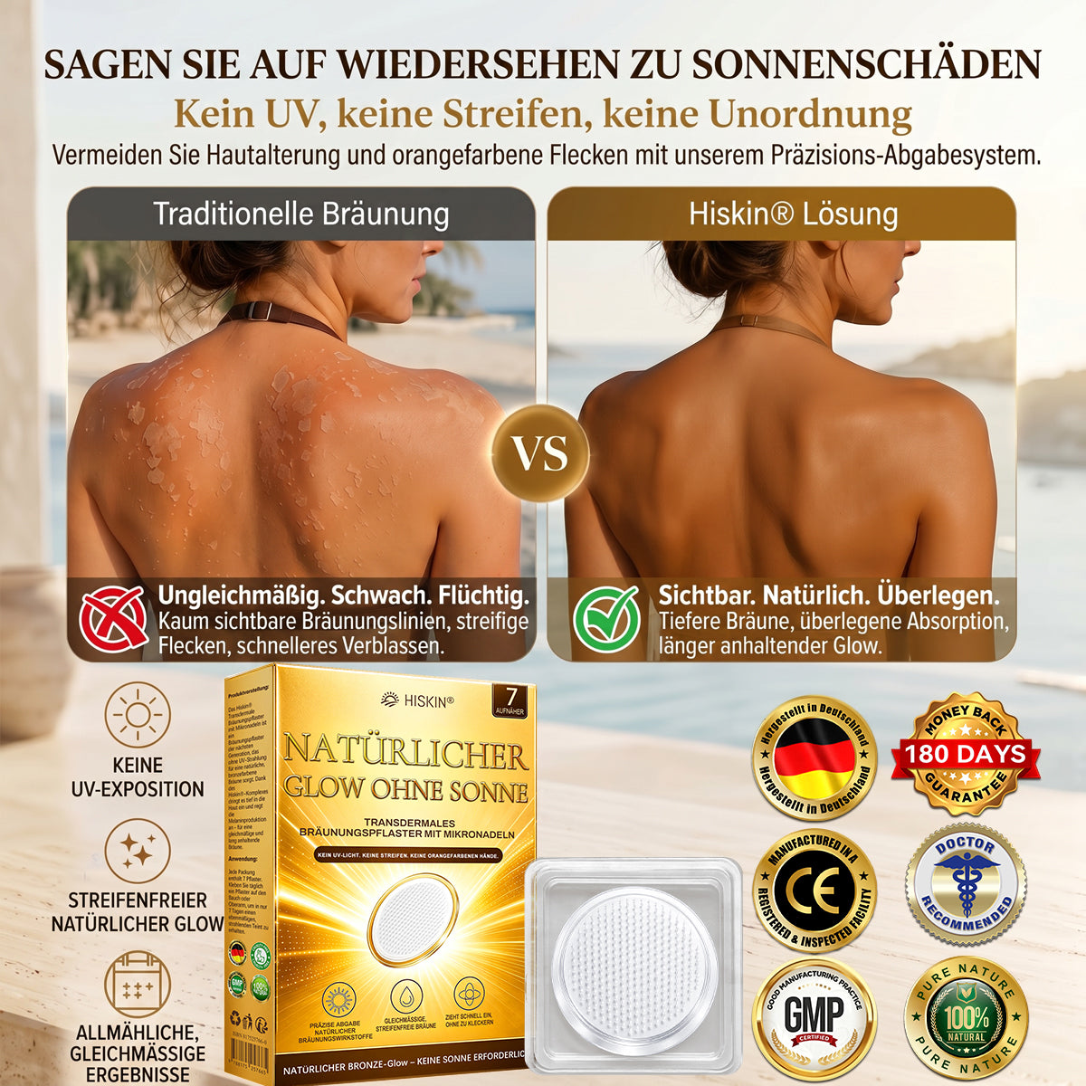 Offizieller Shop | ☀️☀️ Hiskin® Sunless Bronze Microneedle Patch 🇩🇪 Nur 1× täglich anwenden ✨ Sichtbar sonnengeküsster Teint in nur 7 Tagen ✅ Ohne UV-Strahlung · Ohne Orangestich · Ohne Streifen · DHA-frei · Einfach anzuwenden
