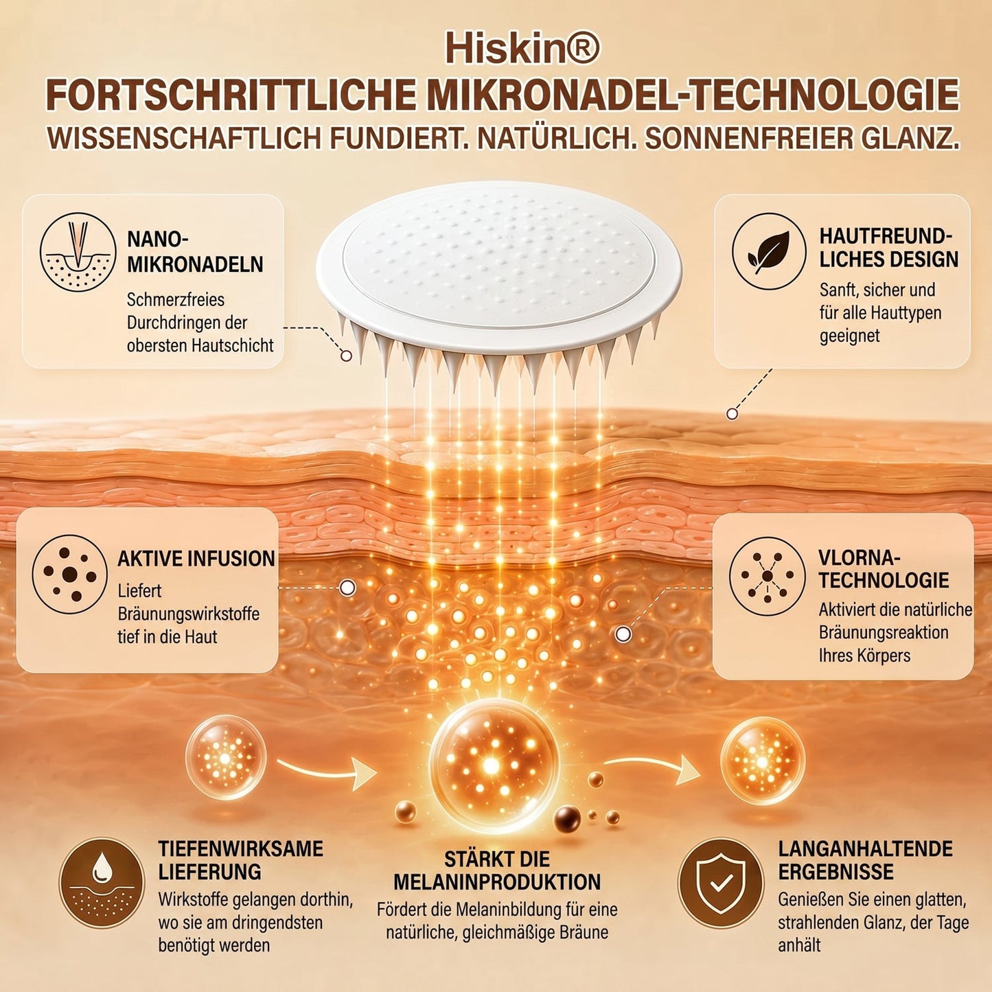 Offizieller Shop | ☀️☀️ Hiskin® Sunless Bronze Microneedle Patch 🇩🇪 Nur 1× täglich anwenden ✨ Sichtbar sonnengeküsster Teint in nur 7 Tagen ✅ Ohne UV-Strahlung · Ohne Orangestich · Ohne Streifen · DHA-frei · Einfach anzuwenden